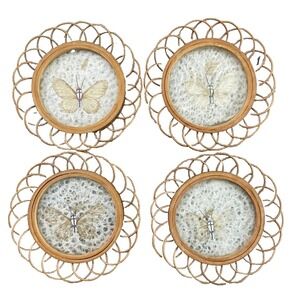 Vintage Pressed Butterfly Coasters Wicker Bamboo Boho Set‎ Of 4